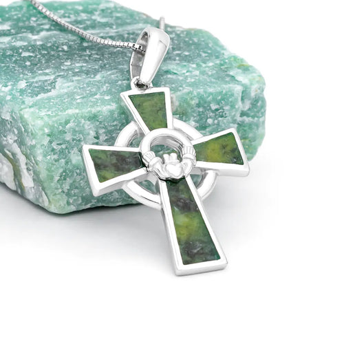 Connemara Marble Claddagh Cross Pendant in Sterling Silver