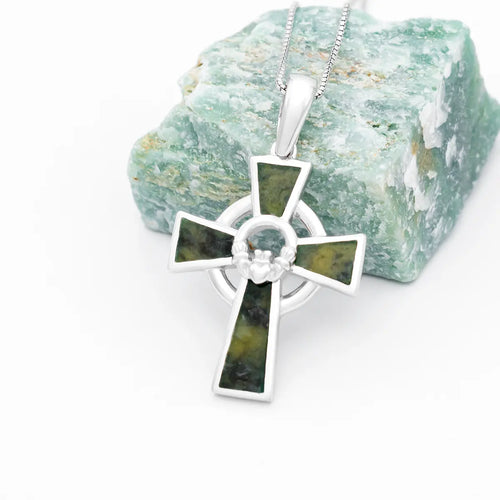 Connemara Marble Claddagh Cross Pendant in Sterling Silver
