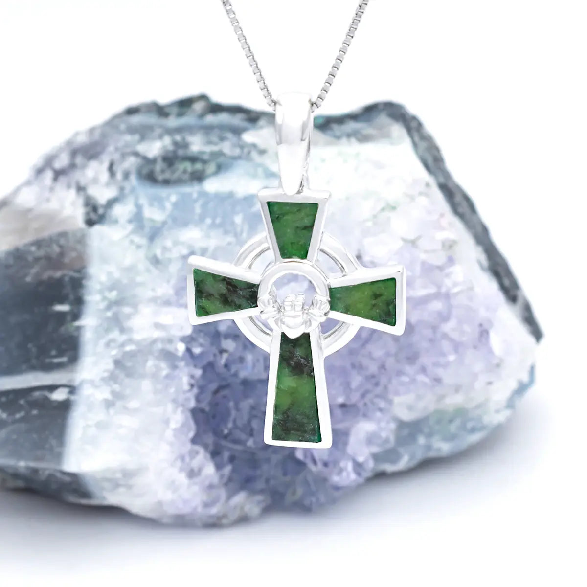 Connemara Marble Claddagh Cross Pendant in Sterling Silver – view 4