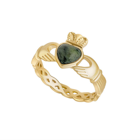 Connemara Marble Gold Claddagh Ring With Celtic Weave Band