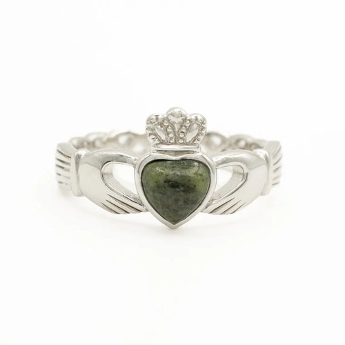 Connemara Marble Claddagh Ring With Celtic Weave Band