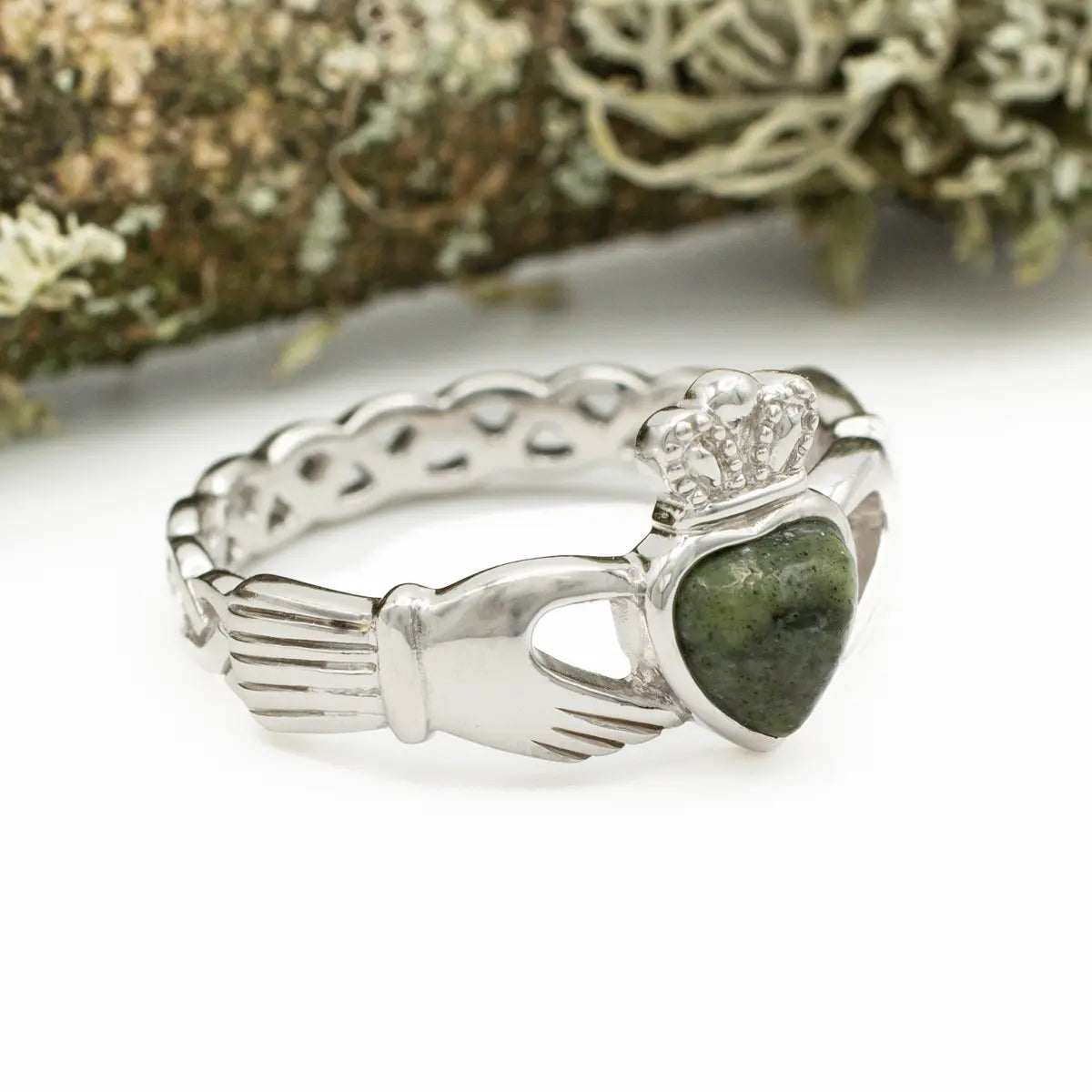 Connemara Marble Claddagh Ring With Celtic Weave Band – view 4