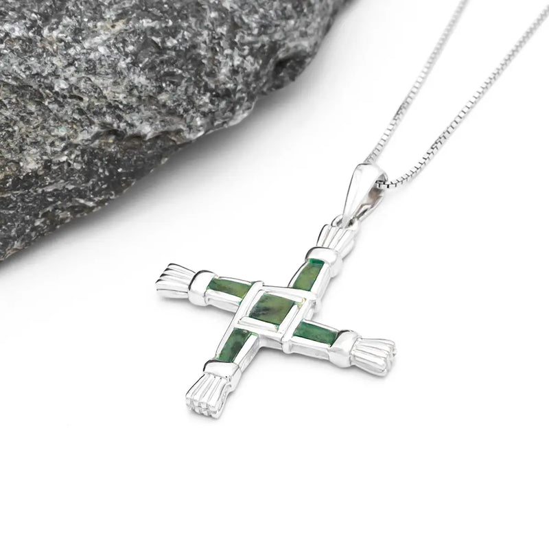 Sterling Silver St Brigids Cross Pendant Set With Connemara Marble