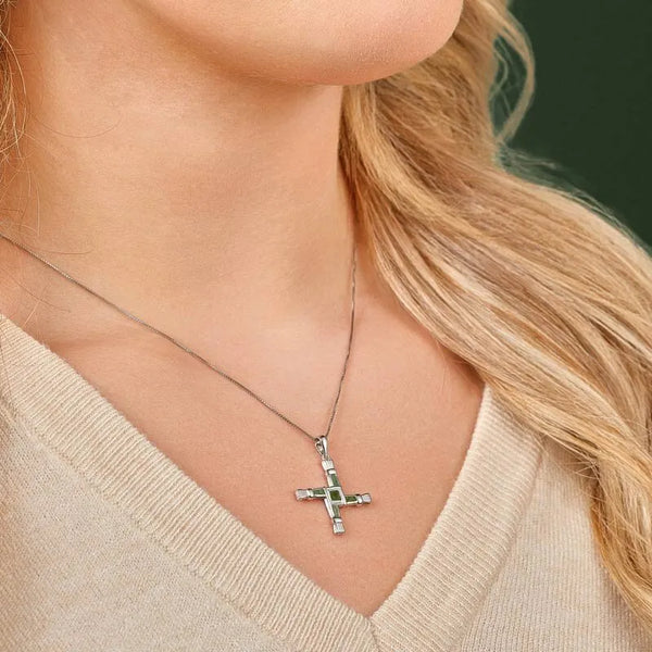 Sterling Silver St Brigids Cross Pendant Set With Connemara Marble
