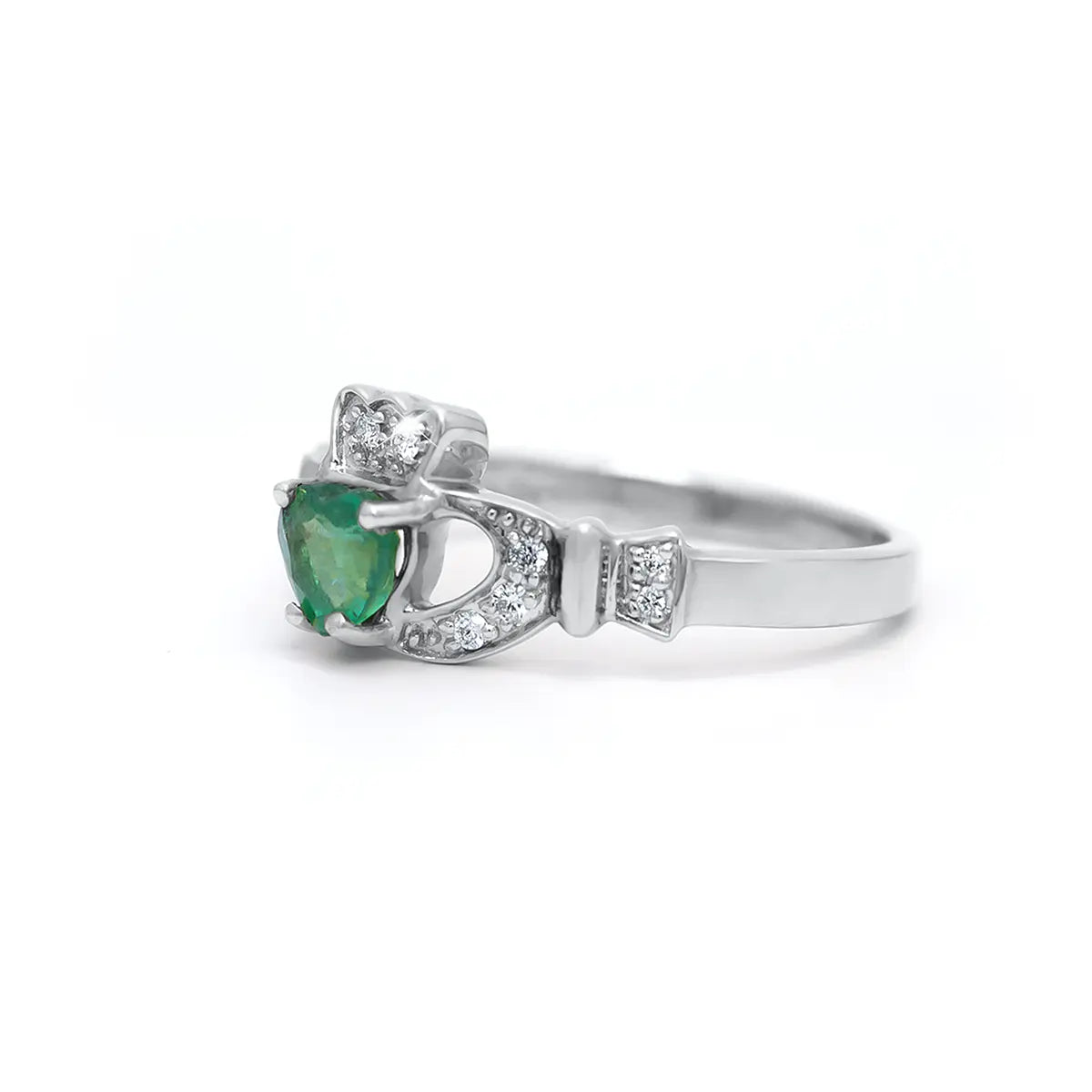 Gold Emerald and Diamond Irish Claddagh Engagement Ring Set – view 5