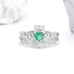 Gold Emerald and Diamond Irish Claddagh Engagement Ring Set