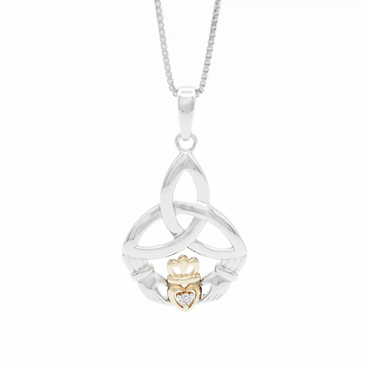 Gold & Silver Claddagh Trinity Knot Pendant Adorned With Diamond – view 4
