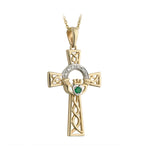 Gold Celtic Cross Claddagh Necklace With Emerald & Diamonds