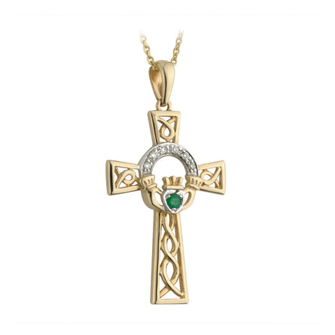 Gold Celtic Cross Claddagh Necklace With Emerald & Diamonds