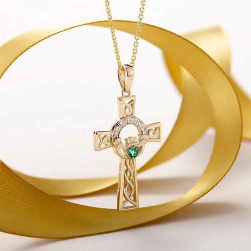 Gold Celtic Cross Claddagh Necklace With Emerald & Diamonds