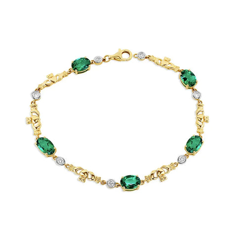 Gold Claddagh Bracelet  With Lab Emeralds and Lab Diamonds