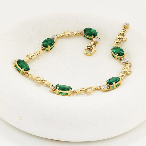 Gold Claddagh Bracelet  With Lab Emeralds and Lab Diamonds