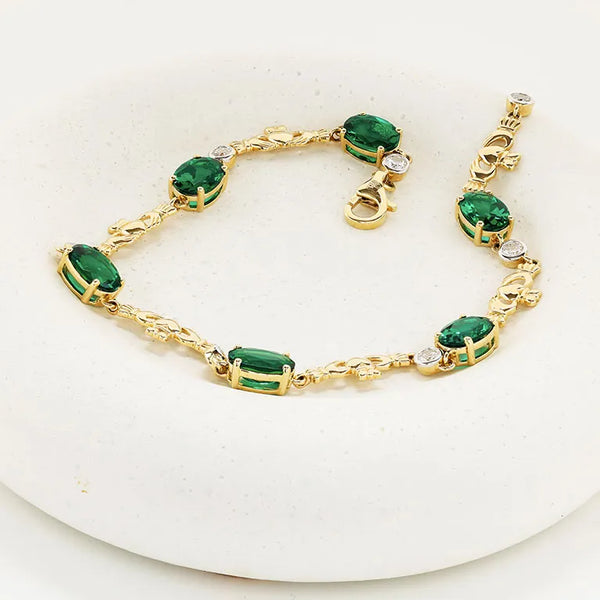 Gold Claddagh Bracelet  With Lab Emeralds and Lab Diamonds