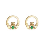 Gold Claddagh Earrings With Green Cubic Zirconia