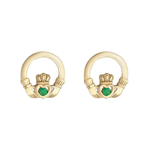 Gold Claddagh Earrings With Green Cubic Zirconia
