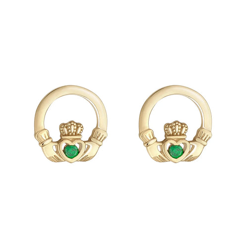 Gold Claddagh Earrings With Green Cubic Zirconia