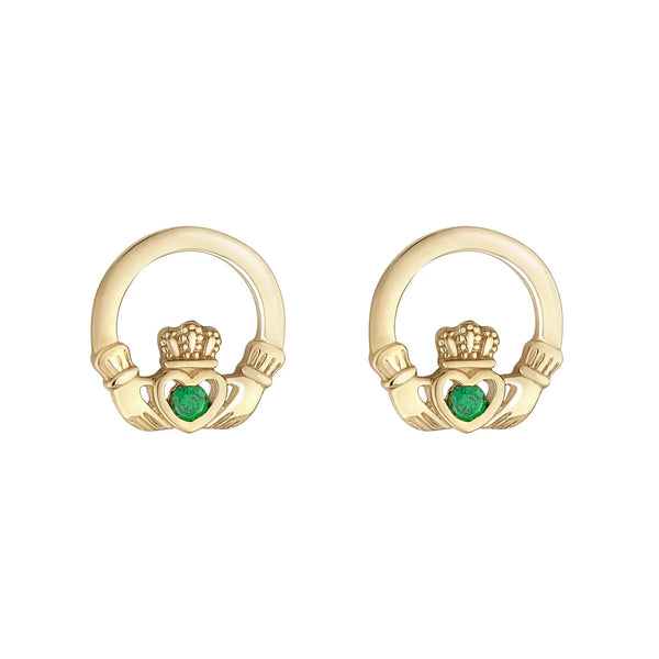 Gold Claddagh Earrings With Green Cubic Zirconia