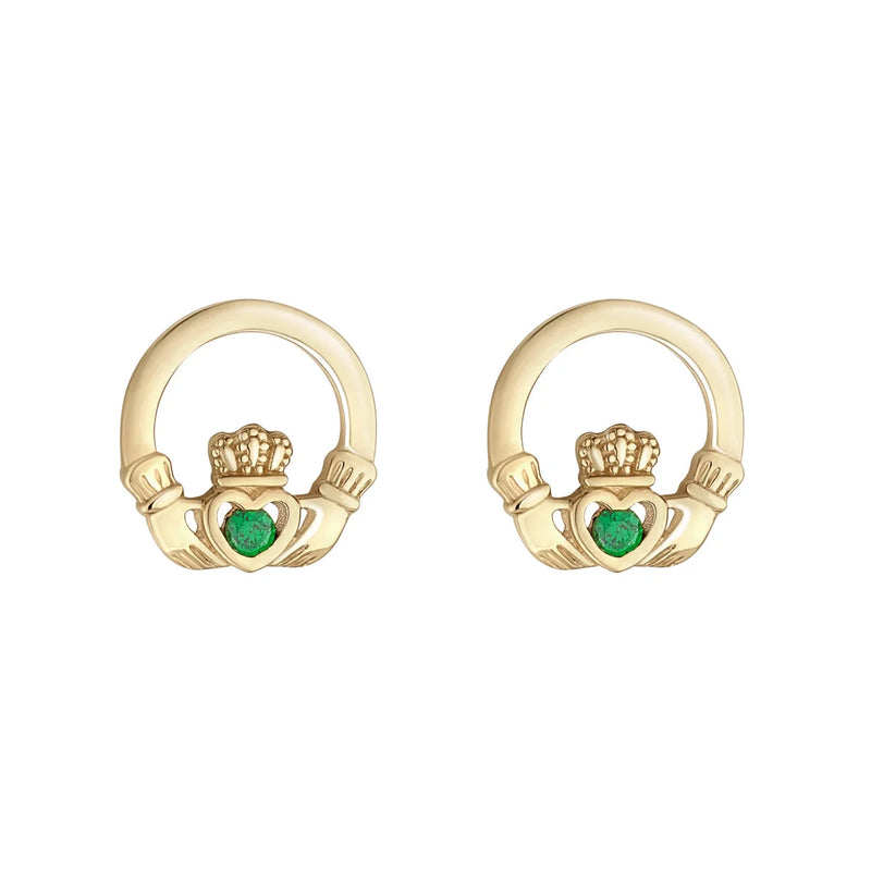 Gold Claddagh Earrings With Green Cubic Zirconia