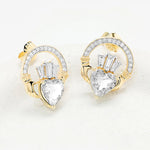 Gold Claddagh Earrings with Lab Emerald or Lab Diamond Heart