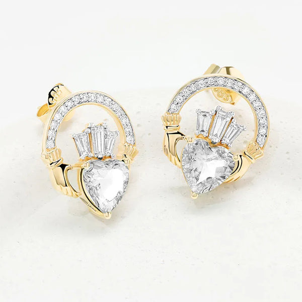 Gold Claddagh Earrings with Lab Emerald or Lab Diamond Heart