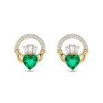 Gold Claddagh Earrings with Lab Emerald or Lab Diamond Heart