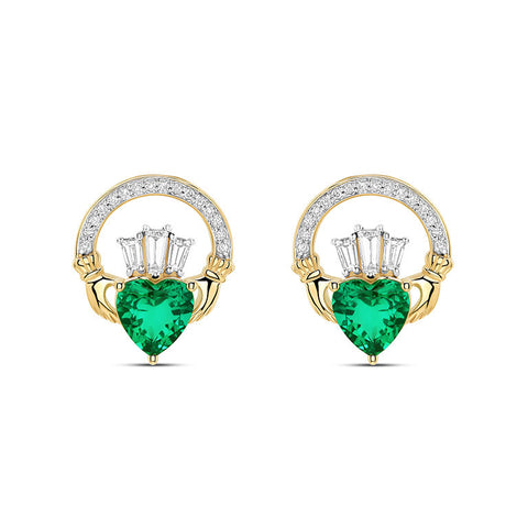 Gold Claddagh Earrings with Lab Emerald or Lab Diamond Heart