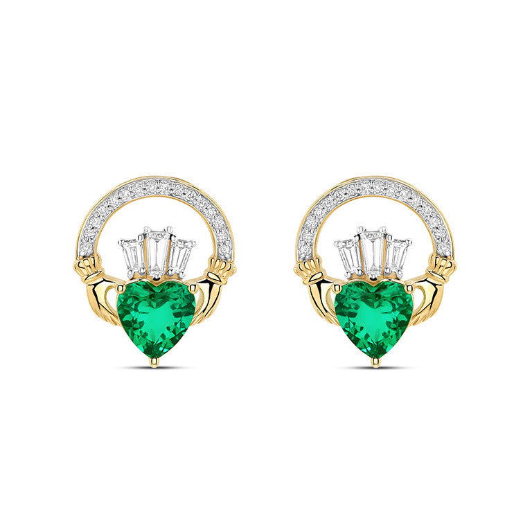 Gold Claddagh Earrings with Lab Emerald or Lab Diamond Heart