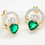 Gold Claddagh Earrings with Lab Emerald or Lab Diamond Heart