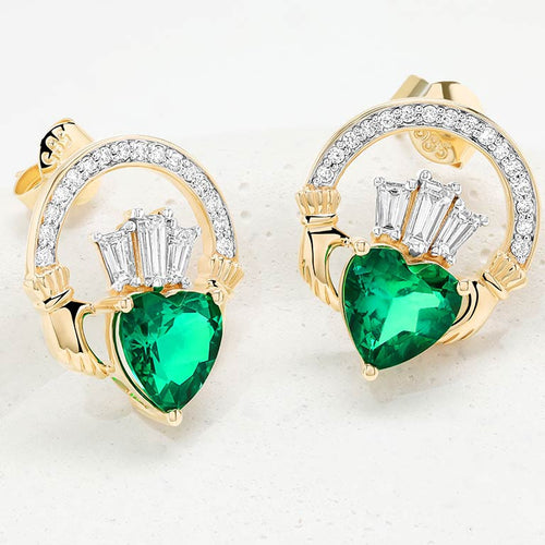 Gold Claddagh Earrings with Lab Emerald or Lab Diamond Heart