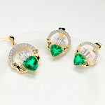 Gold Claddagh Earrings with Lab Emerald or Lab Diamond Heart