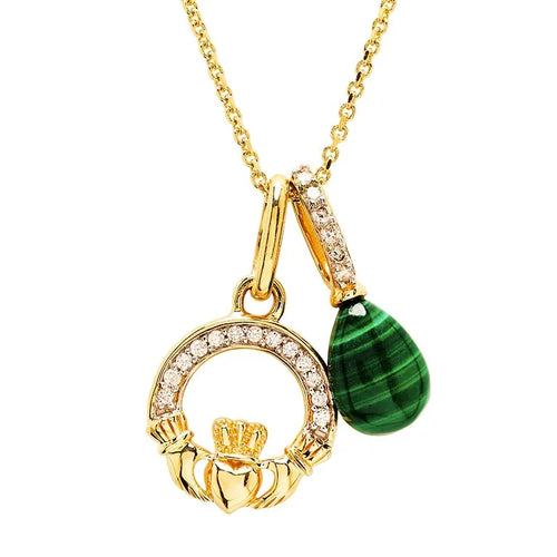 Gold Claddagh Necklace with Lab-Diamonds and Malachite
