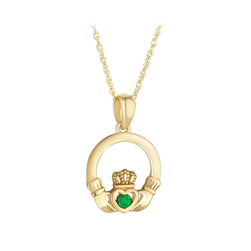 Gold Claddagh Necklace With Green Cubic Zirconia