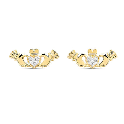Gold Claddagh Stud Earrings With Lab Diamonds