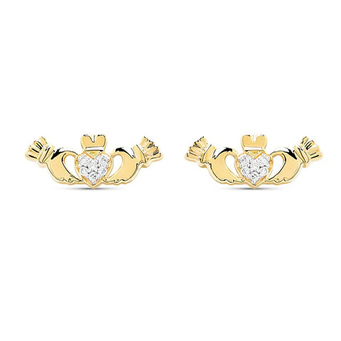 Gold Claddagh Stud Earrings With Lab Diamonds