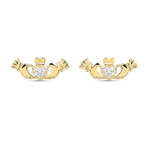 Gold Claddagh Stud Earrings With Lab Diamonds
