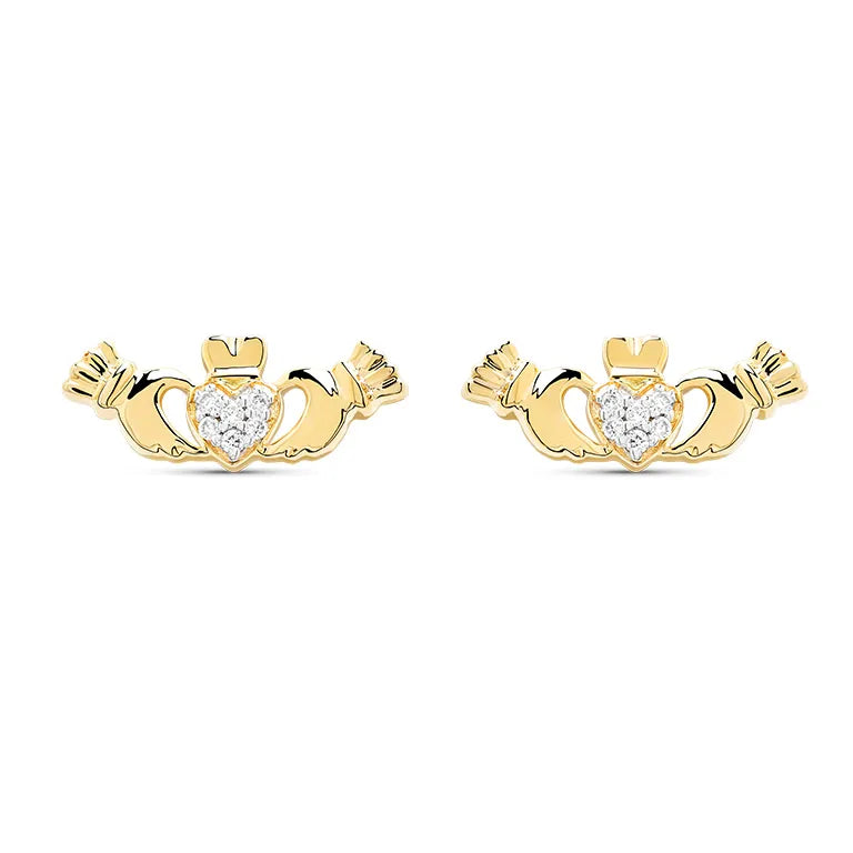 Gold Claddagh Stud Earrings With Lab Diamonds