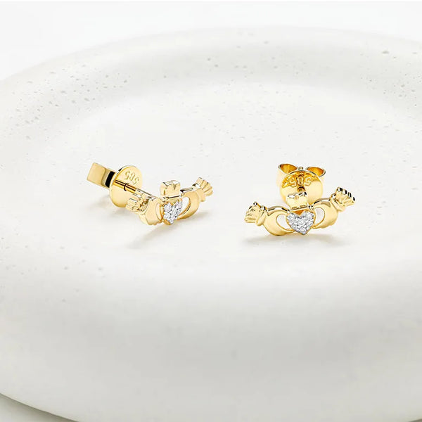 Gold Claddagh Stud Earrings With Lab Diamonds