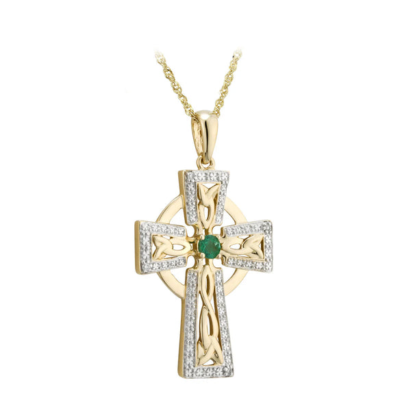 Gold Emerald and Diamond Celtic Cross Necklace
