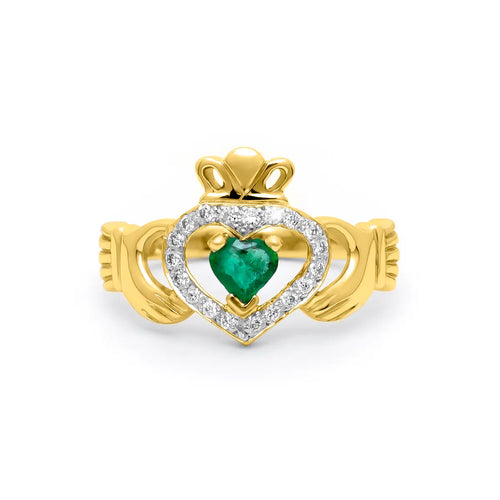 Heartshape Emerald and Diamond Irish Claddagh Ring