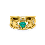 Emerald and Diamond Wide-Band Claddagh Ring