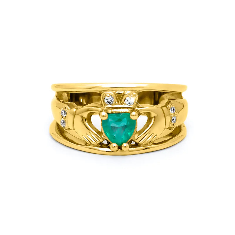 Emerald and Diamond Wide-Band Claddagh Ring