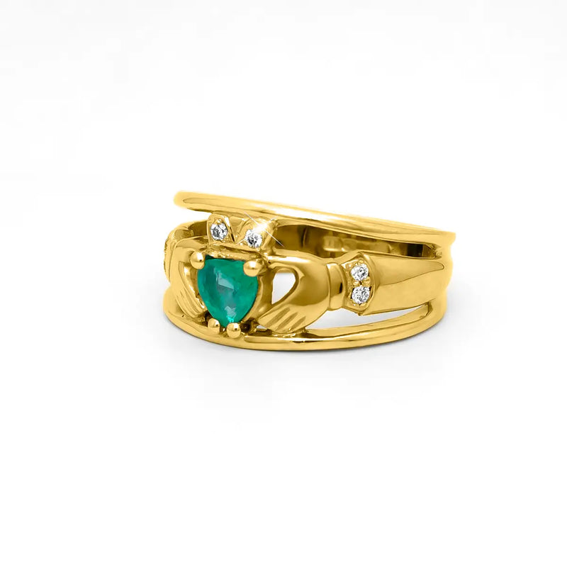 Emerald and Diamond Wide-Band Claddagh Ring