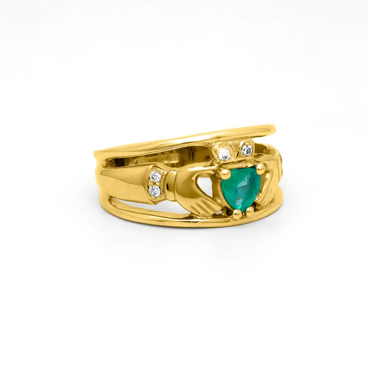 Emerald and Diamond Wide-Band Claddagh Ring – view 7