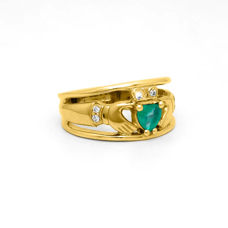 Emerald and Diamond Wide-Band Claddagh Ring