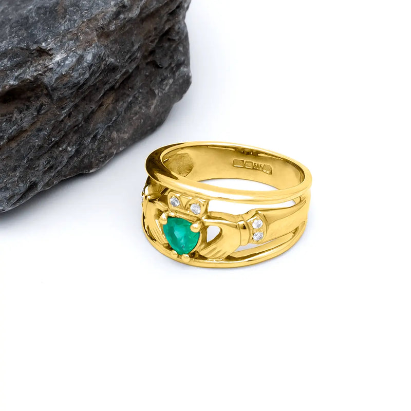 Emerald and Diamond Wide-Band Claddagh Ring