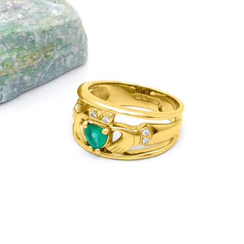 Emerald and Diamond Wide-Band Claddagh Ring