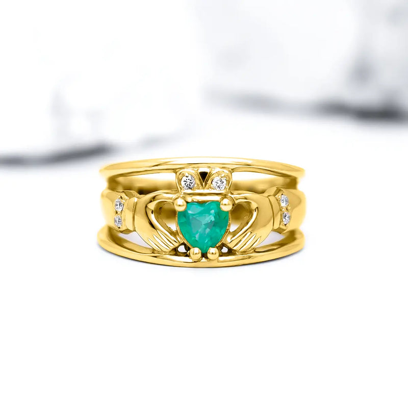 Emerald and Diamond Wide-Band Claddagh Ring