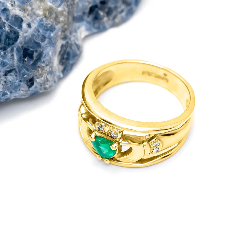 Emerald and Diamond Wide-Band Claddagh Ring