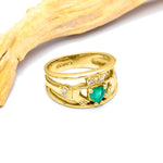 Emerald and Diamond Wide-Band Claddagh Ring