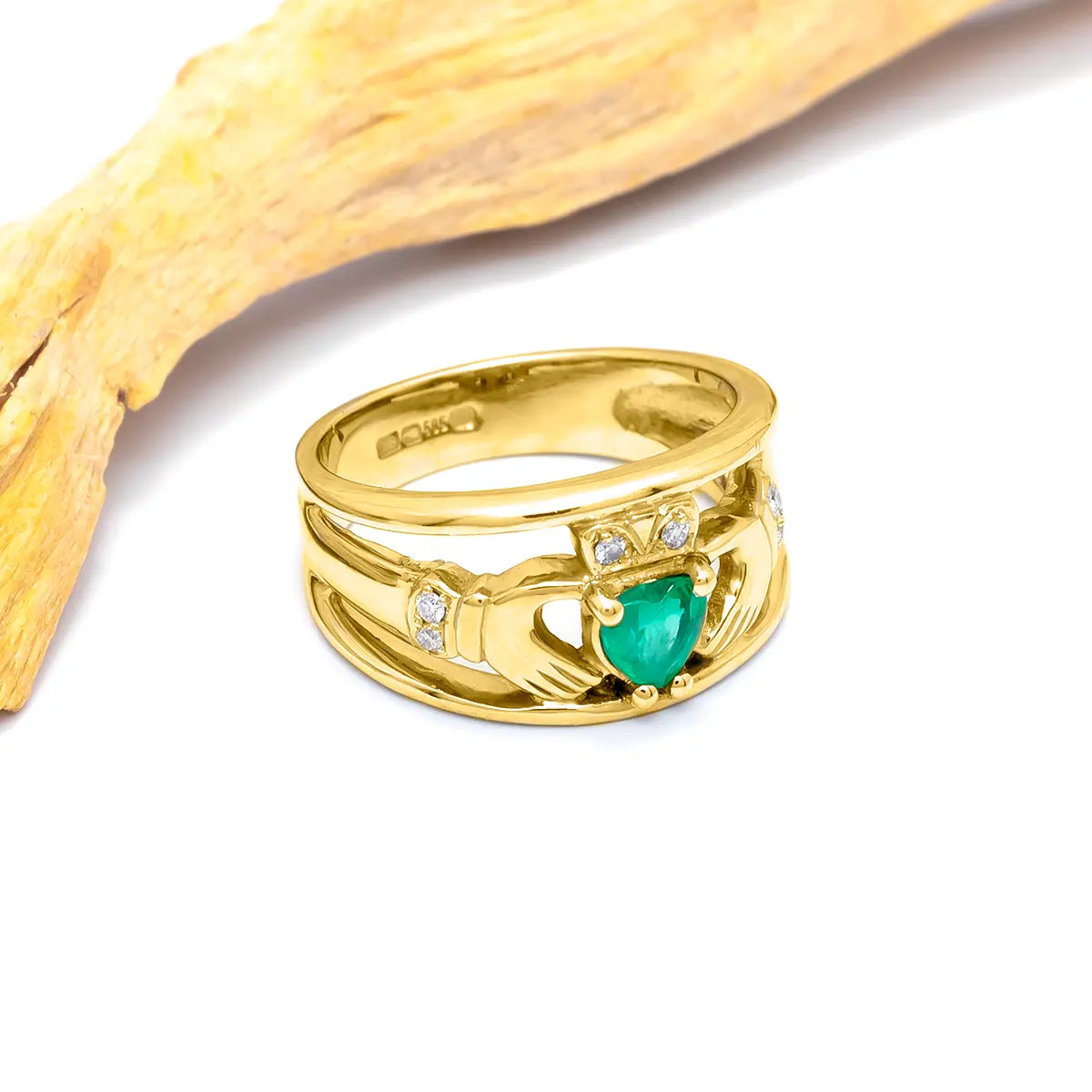 Emerald and Diamond Wide-Band Claddagh Ring – view 6